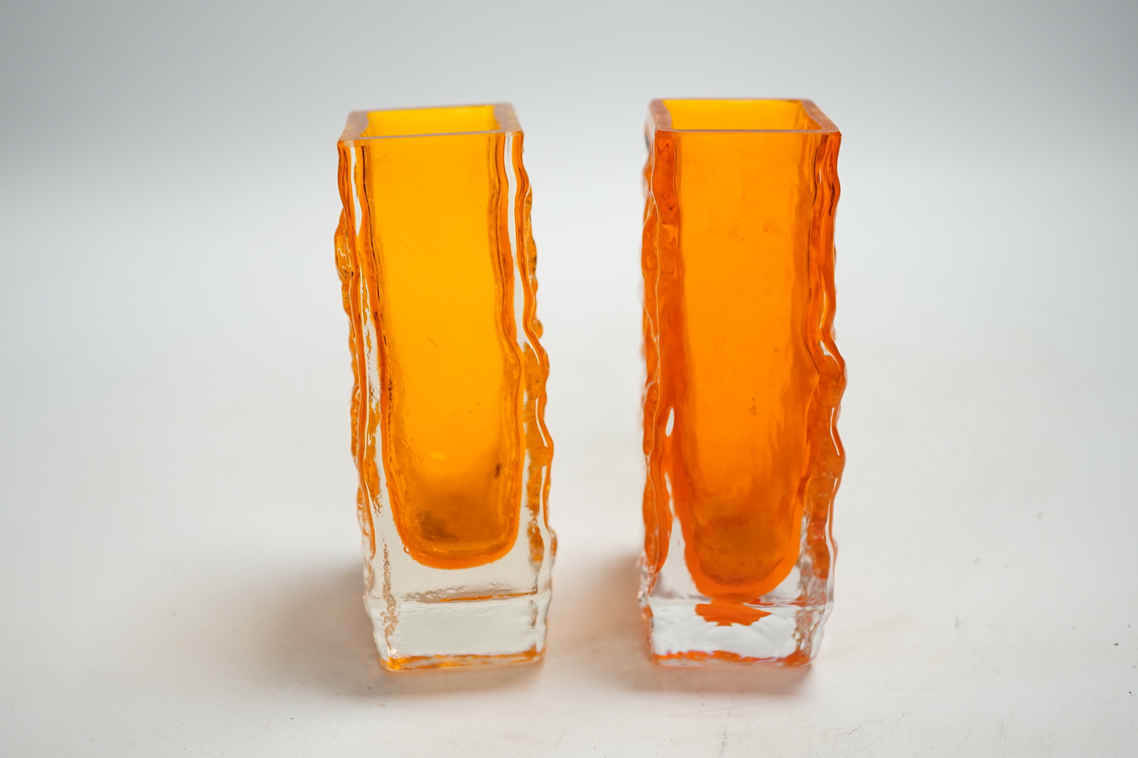 A pair of Whitefriars ‘Coffin’ vases in tangerine, 13cm